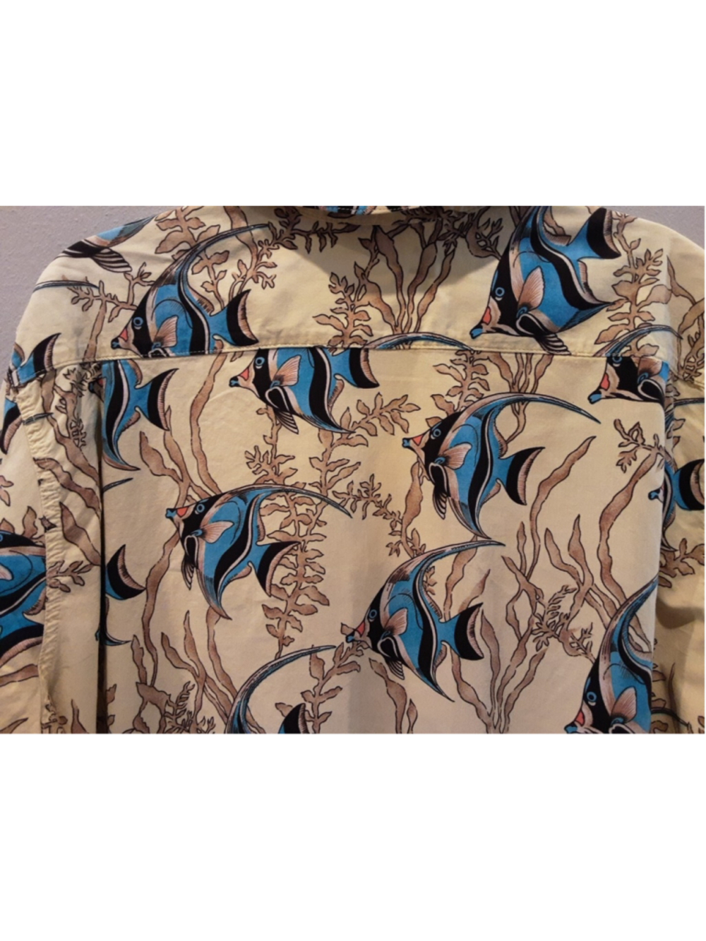 GO BAREFOOT Vintage Hawaiian Mellow Yellow Blue Fish Aloha Shirt Made USA Sz XL - Picture 10 of 14
